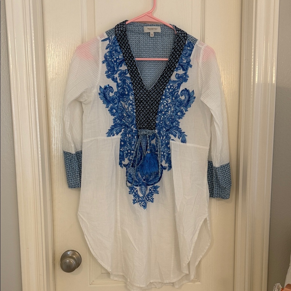 White Tunic Top with Blue Embroidered V-Neck